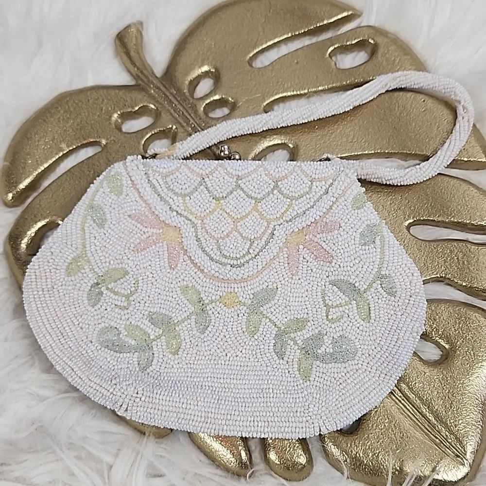 Vintage Beaded Evening Bag made in Japan White Beaded Bag